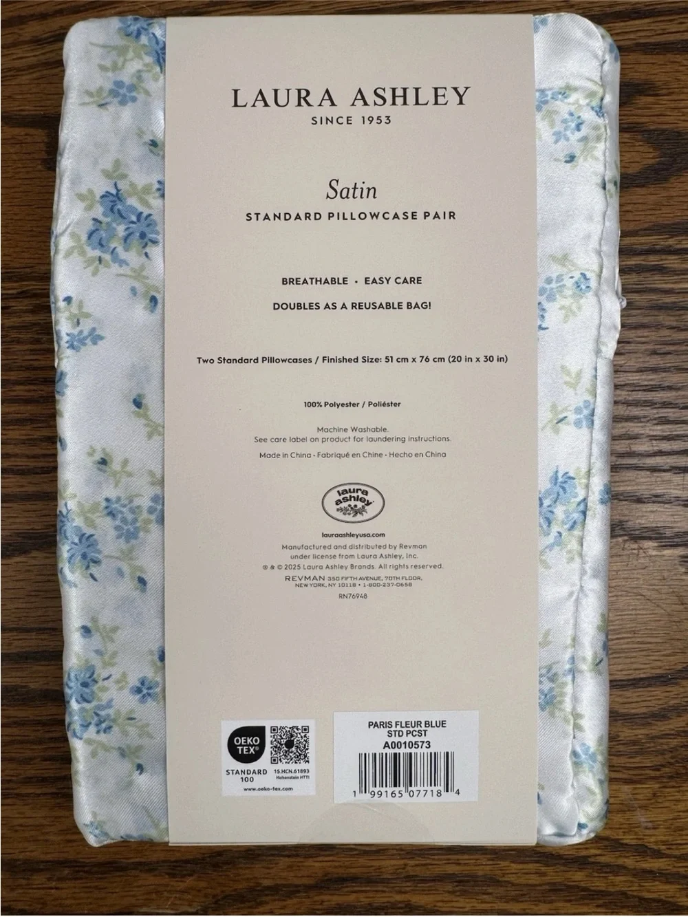 Laura Ashley Paris Fleur Blue Satin Standard Pillowcase Pair — New in Package